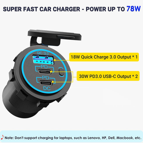 USB C Car Charger Socket 12V USB Outlet 2 Pack, Newest 78W RV USB Outlet Dual 30W PD USB-C and 18W QC3.0 Car USB Port with Button Switch Waterproof for Car RV Boat Marine Truck Motorcycle ect