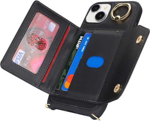 iPhone 14 Case with Card Holder and Strap, Zipper Pocket Crossbody Lanyard Strap, Cute Phone Wallet Case for Women