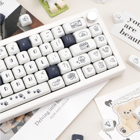 PBT Keycaps 120 Keys, Black White Cute Keycaps, Dye-Sublimation Puppy Comic Theme for Mechanical Keyboards