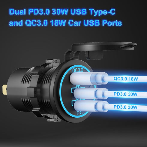 2 PACK 12V USB Outlet Wired Charger Multi Port, Dual PD3.0 USB-C & Quick Charge 3.0 Car USB Port Socket with Power