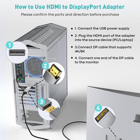 HDMI to DisplayPort Adapter, 4K 60Hz, 1080p 120Hz, HDMI Male to DP Female Converter for GPU, Laptop, PS5, Xbox - 1 Pack