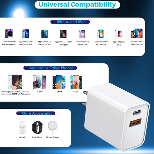 iPhone 15 Charger Block, 2Pack 20W Dual Port PD Fast USB C Wall Charger Adapter + USB A Quick Charging Brick Plug