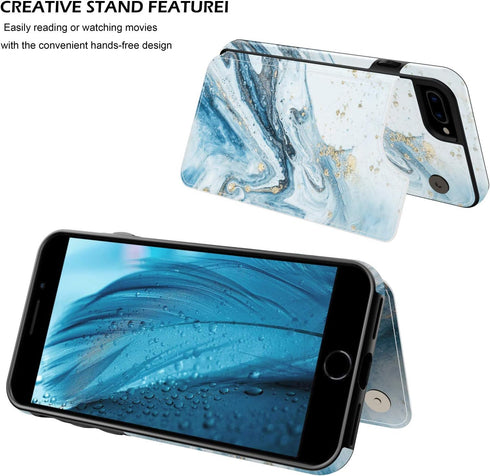 LETO for iPhone 8 Plus Case, iPhone 7 Plus Flip Folio Leather Wallet Cover with Opal Blue Marble Designs, Card Slots