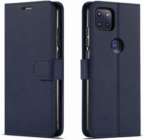 STARSHOP Blue PU Leather Wallet Phone Case Compatible with Motorola One 5G ACE, Shockproof Cover with Kickstand & Card