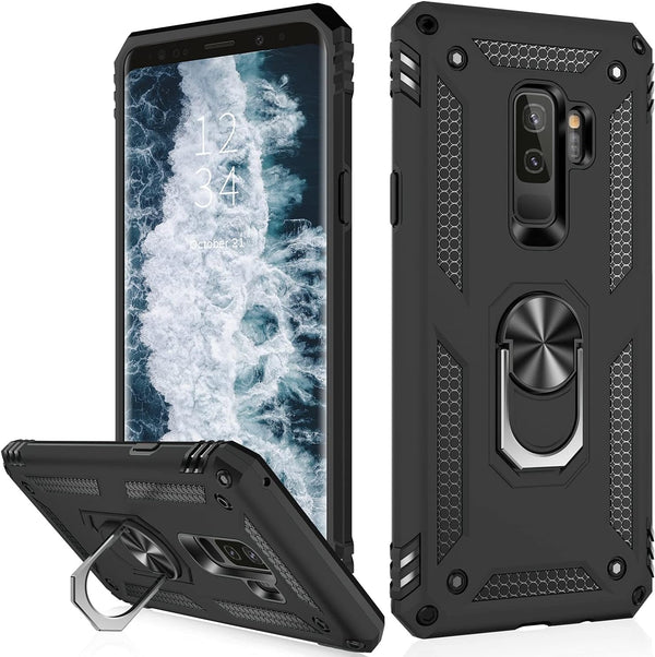 IKAZZ Galaxy S9 Plus Case, Heavy Duty Shockproof Phone Cover with Magnetic Kickstand in Black