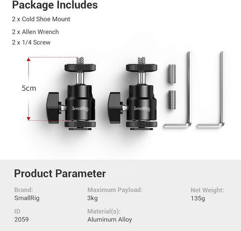 SmallRig 1/4" Camera Hot Shoe Mount, Ballhead Tripod with Additional 1/4" Screw, 2pcs Pack - 2059