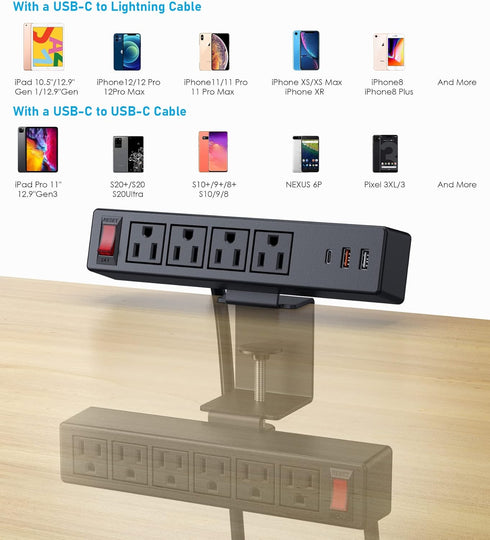 VILONG Desk Clamp Power Strip, PD20W USB-C, 2 in 1 Dual Layer Under Desk Power Socket with 10AC Outlets