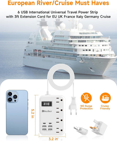 European Travel Plug Adapter, US to Europe Travel Power Strip with 6 USB (2 USB C) 4 Outlets, 3ft Extension Cord