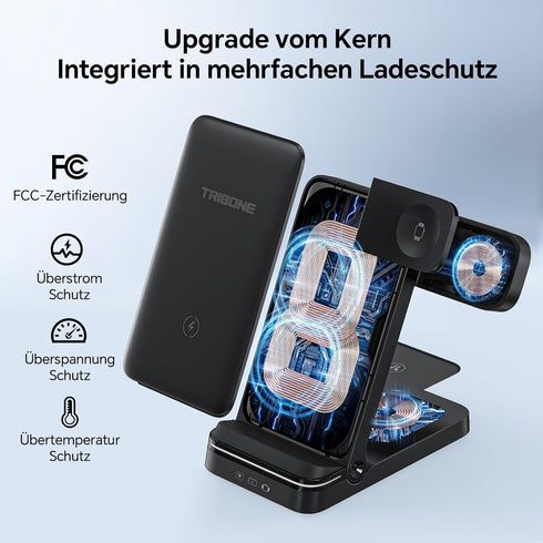 Tribone 3 in 1 Foldable Fast Wireless Charger, Black, for iPhone 16/15/14/13/12/11 Pro Max, Apple Watch, AirPods