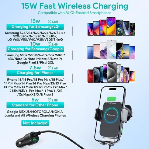 Wireless Car Charger, 15W Auto-Clamping Air Vent Holder for iPhone 15 14 13 12 11 Pro Max Plus Mini, Samsung S23
