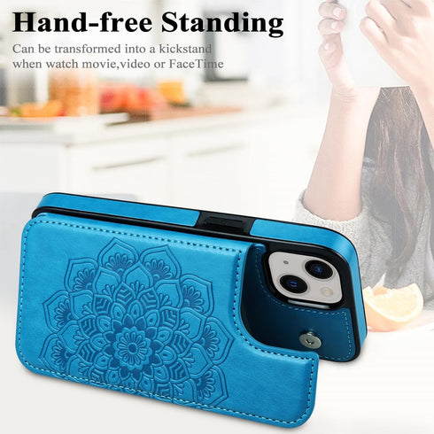 MMHUO iPhone 13 Case with Card Holder, Flower Magnetic Back Flip Wallet Case for Women, Protective Blue Phone Case