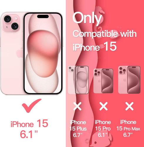 JETech Cute Case for iPhone 15 6.1-Inch, Wave Frame Curly Shape Shockproof Phone Cover for Women and Girls, Clear Hard PC Back (Pink)