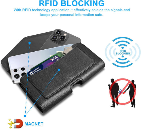 Leather Dual Phone Holster with Belt Loop for 2 Phones, Horizontal Two Phone Belt Holder for Men, Black for