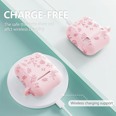 Flower Engraved Soft Silicone Case for Airpods 2nd Generation - Compatible with Airpods Case 1st/2nd (Pink) with