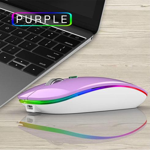 Uiosmuph LED Wireless Mouse, G12 Slim Rechargeable Silent Mouse with USB Receiver and Type C Adapter (Purple)