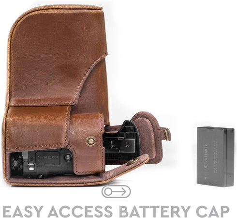 MegaGear Ever Ready Leather Camera Case for Canon EOS M6 (18-150 mm), Dark Brown with Battery Access
