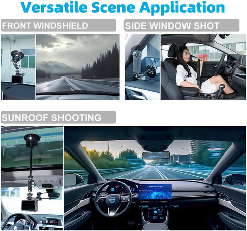 Suction Cup Mount for Insta360 One X4 X3 X2 Go3, Car Windshield Window Sunroof Mount with Phone Holder Adapter Compatible with GoPro Hero 12 11 10 9 8 7 6 5 Max Mini, DJI Action4 3 2 Action Cameras