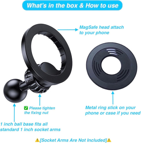 Magnetic Phone Holder Base with 1” Ball Mount Adapter for MagSafe Compatible with RAM Mounts for iPhone