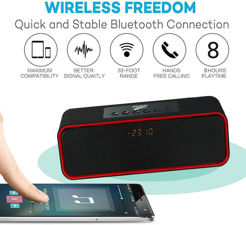 Portable Bluetooth Speaker with 10W Acoustic Driver, LED Display, FM Radio, Alarm Clock, Handsfree Speakerphone, for