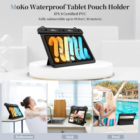 MoKo Waterproof Tablet Case Compatible with Fire HD 8/Fire 7, iPad Mini 6/5/4/3, Galaxy Tab Pro 8.4, Tab S2/Tab E/Tab A 8.0 8.4 Up to 8.5",Stand Holder Dry Bag for Bathroom Kitchen Stand Pouch, Black by MoKo