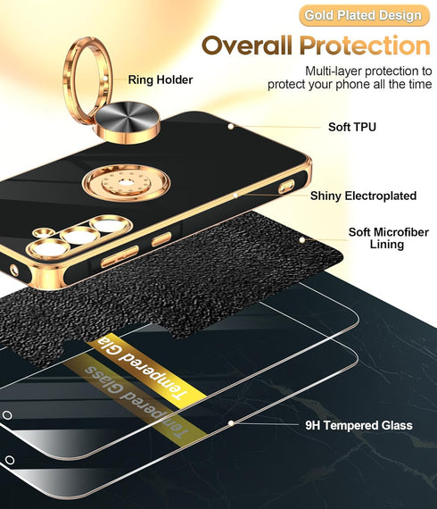 LeYi Samsung Galaxy A35 5G Case with Tempered Glass Screen Protector, 360° Rotatable Ring Holder, Black