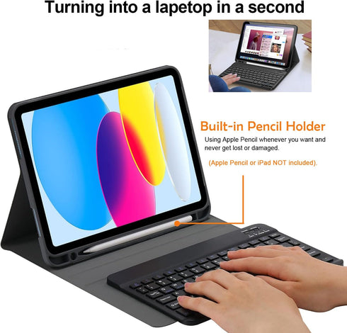 Wireless Bluetooth Keyboard Case for iPad 10th Generation, Full-body Protection, Black