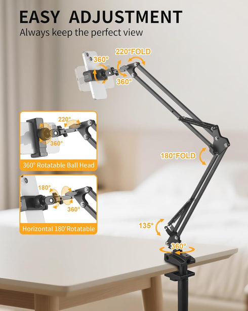 Phone Holder for Bed Desk, Flexible Camera Arm Desk Mount Clamp with Phone Holder and Ball Head, Overhead Tripod Mount