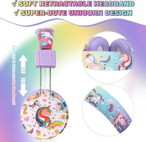 QearFun Unicorn Headphones for Girls Kids for School, Kids Bluetooth Headphones with Microphone & 3.5mm Jack, Teens Toddlers Wireless Headphones with Adjustable Headband for Tablet/PC (Purple)