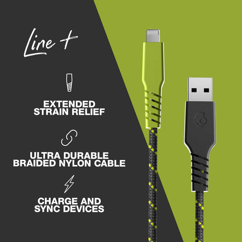 Skullcandy Line+ 6ft Braided Lightning Cable, 15W USB A to Lightning Charger for iPhone/Pro/Max - Grey/Yellow
