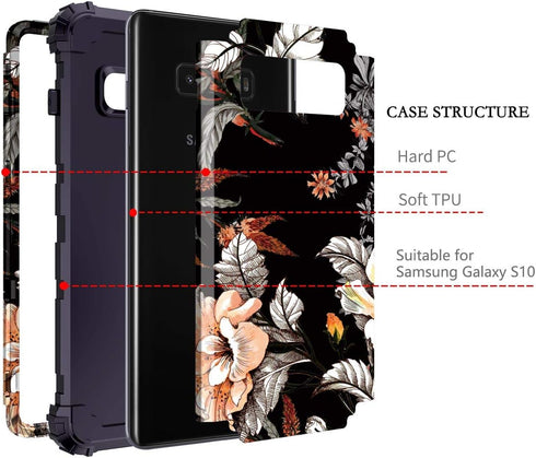 Casetego Floral Three Layer Heavy Duty Hybrid Case for Samsung Galaxy S10, Sturdy Shockproof Cover (Orange Flower/Black)