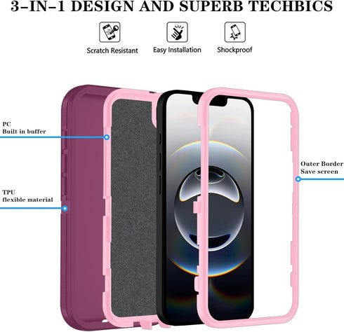 ouyncase 16e 17e 3-Layer 16e/17e,WineRedPink Phone Case for iPhone Case & iPhone Case with HD Screen Protector, Heavy