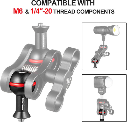 1" Ball Adapter with M6 & 1/4" Threaded Stud, Aluminum Alloy Fixed Ballhead Mount Adapter for Action Camera & Camcorder Compatible Underwater Tray Bracket Flashlight System