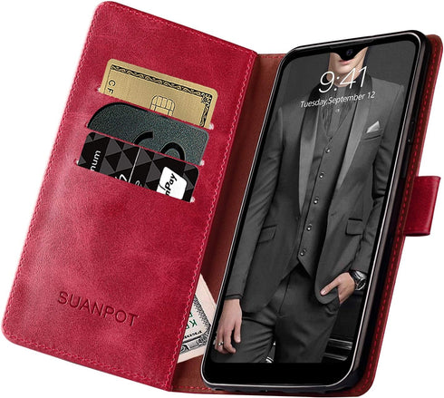 SUANPOT Leather Wallet Case for Samsung Galaxy A42 5G, RFID Blocking, Flip Folio Book Phone Case, Red