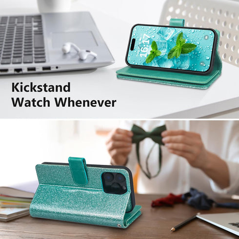 Varikke Wallet Case for iPhone 13 Pro Max, Fashion Glitter Leather Strap, Magnetic Flip Cover, Mint Green