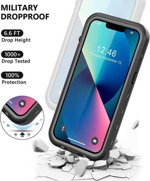 iPhone 13 Waterproof Case with Built-in Screen Protector, Shockproof Dustproof Full Body IP68 Protective Phone Case for
