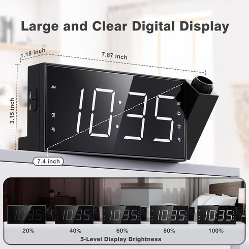 Mesqool Projection Alarm Clock with FM Radio, Large Number Display, USB Charger, Dual Alarms, Sleep Timer