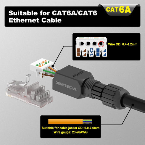 VCELINK RJ45 Connector Tool-Free, CAT6A Field Termination Plug, Gold Plated Modular Plug for 23 to 26 AWG Network Cable