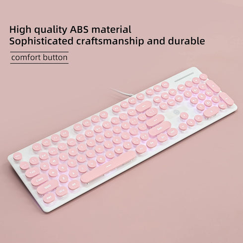 Wired Quiet Membrane Keyboard, Full Size 104-Keys, Retro Punk Typewriter, White LED Backlit, USB, Pink