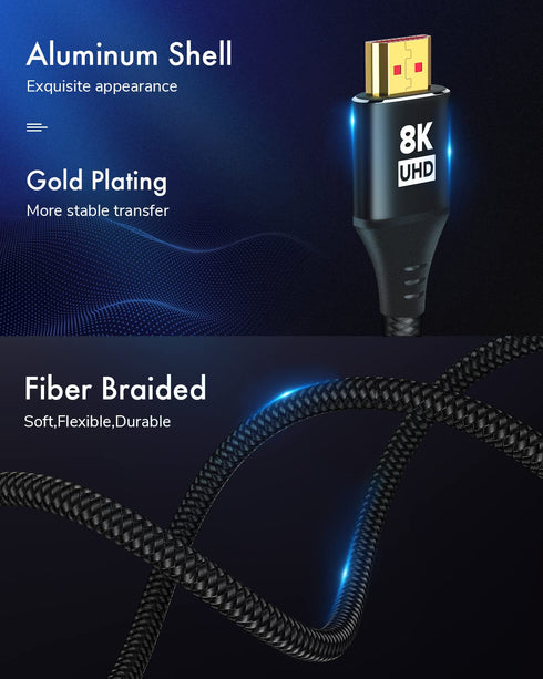 10K 8K 4K 1FT, 4K/120Hz, 8K/60Hz, 48Gbps 2.2 2.3, 10, 2.1 HDMI Cable Ultra High Speed HDMI Braided Cord, Supports