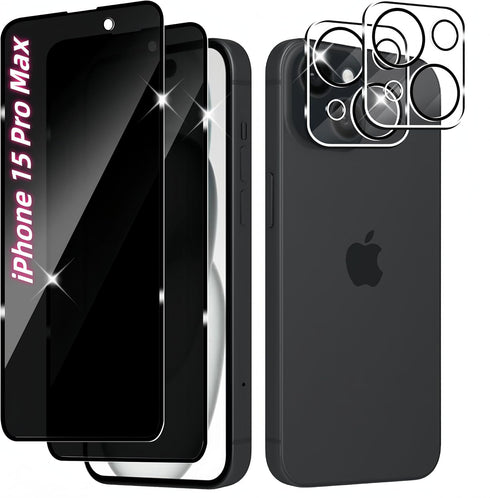 ?2+2 Pack? Privacy Screen Protector and Camera Lens Protector for iPhone 15 Pro Max, 9H Hardness Tempered Glass