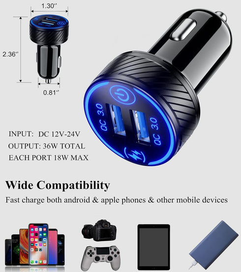 BRCOVAN Car Charger, Dual QC3.0 Port USB Phone Charger Adapter, 36W 3A Fast Charge with Touch Switch & Blue LED