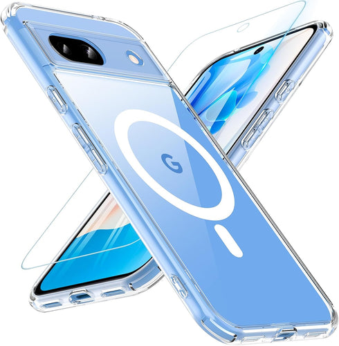 Hensinple Magnetic Case for Google Pixel 8A, Clear Slim Shockproof Cover with Screen Protector, Compatible with MagSafe.