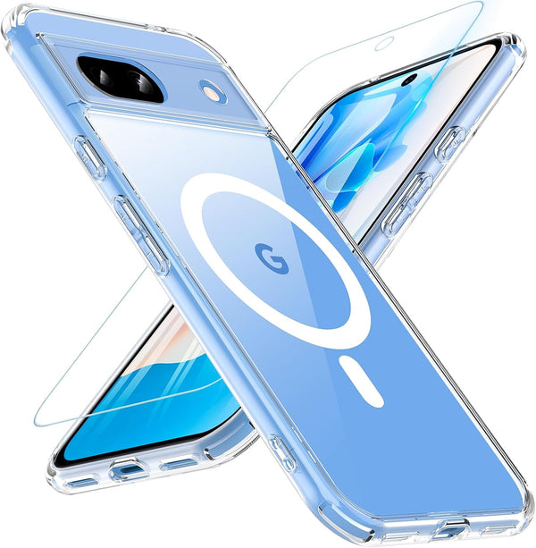 Hensinple Magnetic Case for Google Pixel 8A, Clear Slim Shockproof Cover with Screen Protector, Compatible with MagSafe.