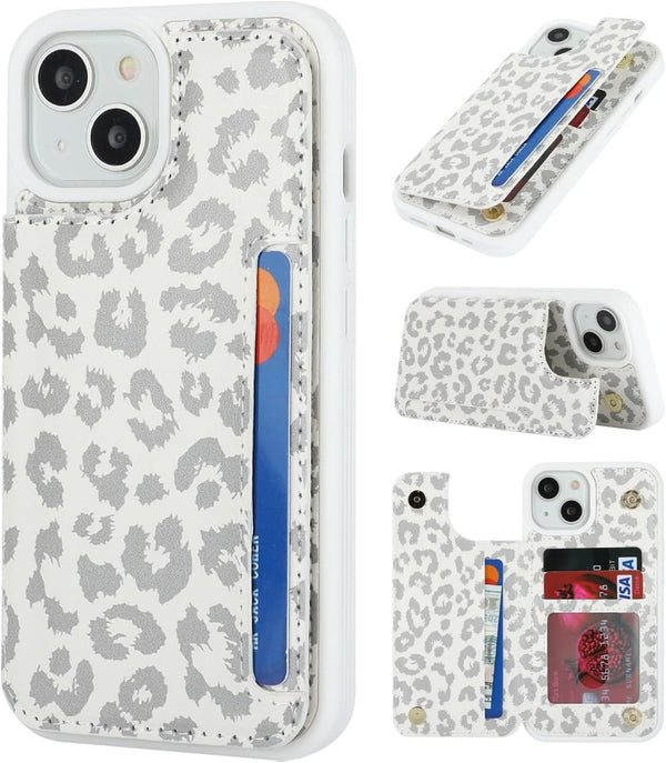 iCoverCase iPhone 13 Phone Case with Card Holder, RFID Blocking PU Leather Protective Case for iPhone 13, Gray Leopard