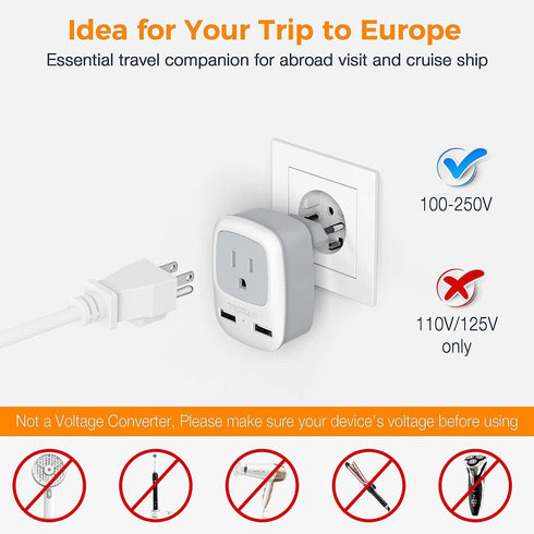 TESSAN European Travel Plug Adapter, International Power Plug with 2 USB Ports, Type C Charger for US to Europe