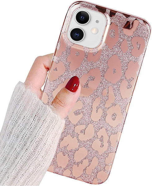 J.west Case for iPhone 12/12 Pro 6.1-inch, Luxury Bling Glitter Leopard Print Design, Soft Metallic TPU Cover for Women