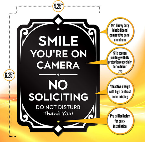 Smile You’re on Camera - No Soliciting, Door Signs – Security, House Sign - 6.25” X 4.25” - Mounting Hardware Included, Easy Installation - Heavy-Duty and Weather-Resistant