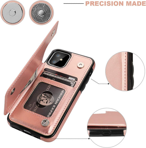OT ONETOP iPhone 11 Wallet Case with Card Holder, PU Leather Kickstand, Double Magnetic Clasp, Shockproof Cover (Rose