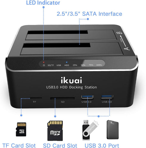 SATA to USB 3.0 Dual Bay Hard Drive Dock for 2.5"/3.5" SATA HDD SSD with 2 USB 3.0 Ports, Offline Clone Function