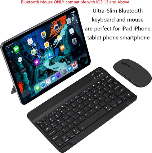 Ultra-Slim Bluetooth Keyboard and Mouse Combo Rechargeable Portable Wireless Keyboard Mouse Set for Apple iPad iPhone iOS 13 and above Samsung Tablet Phone Smartphone Android Windows (Black)